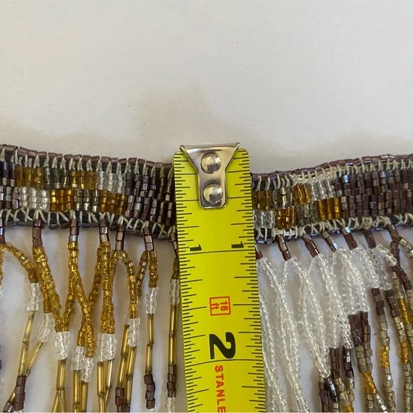 Handmade Beaded Fringe Statement Necklace in Brown and Gold - Picture 5 of 8